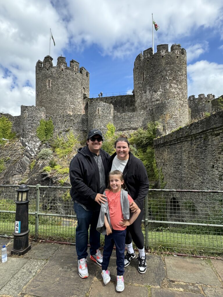 A family visit to a historic Welsh castle, symbolizing the enriching experiences of quitting a job to travel and embracing new adventures across the globe